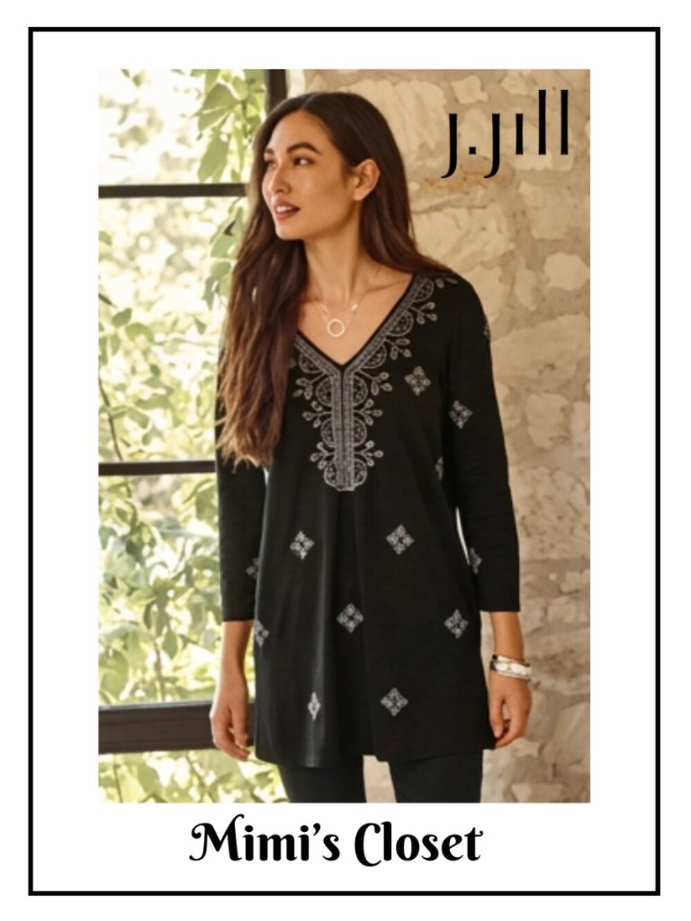 J.JILL Embroidered V-Neck Soft Knit Boho Black Tunic - M